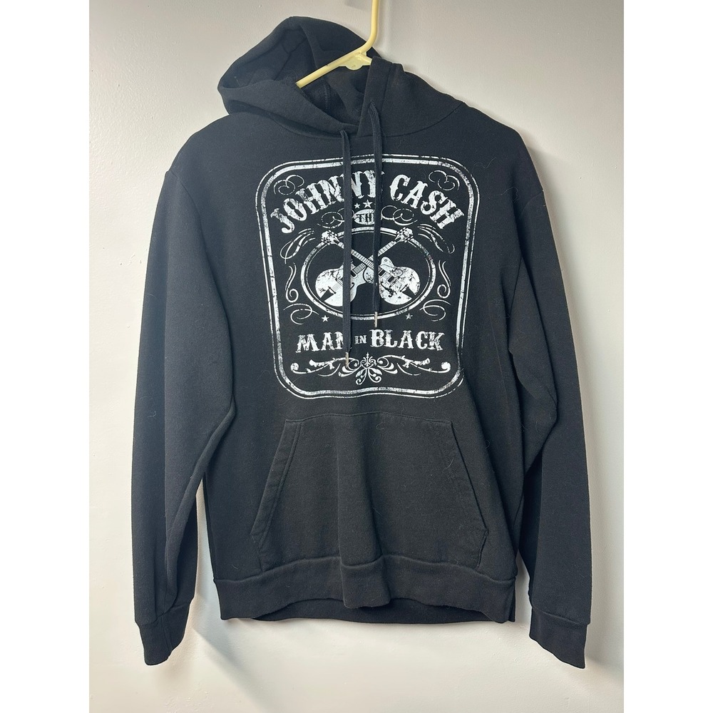 Johnny Cash Man In‎ Black Hoodie Black Graphic Pullover Sweatshirt | Size M